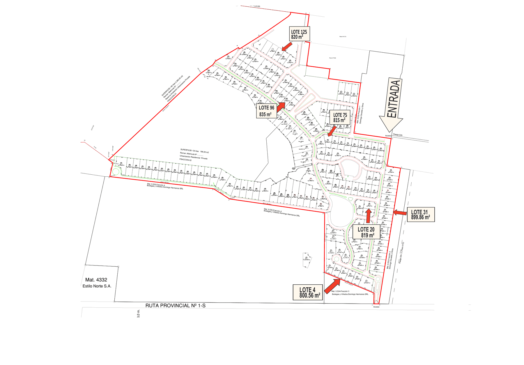Plano de Vertientes EcoPueblo con los seis lotes disponibles señalados