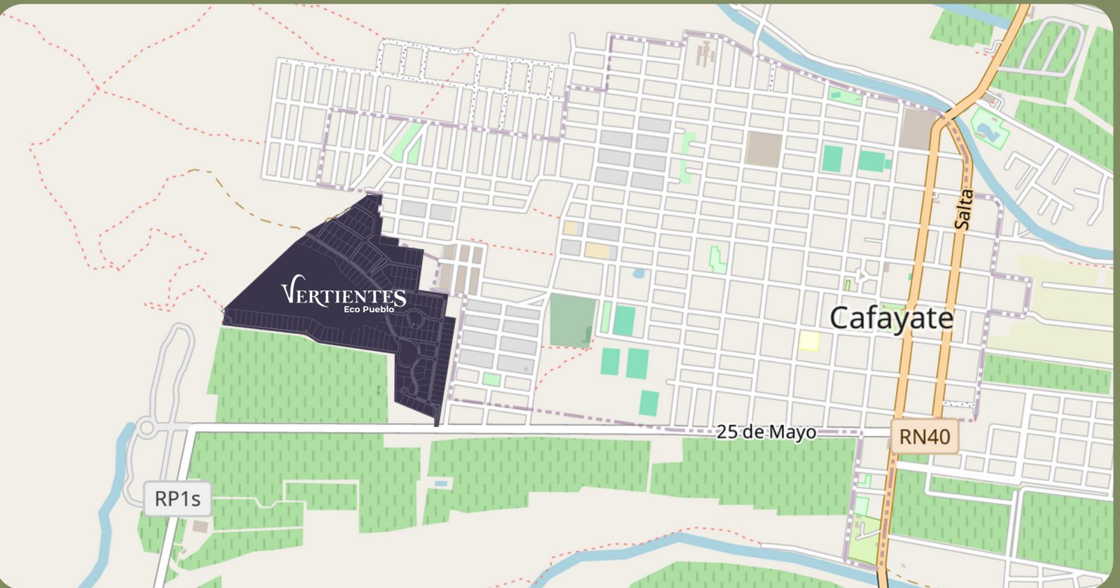 Mapa de ubicación de Vertientes EcoPueblo, lindando con la trama urbana de Cafayate